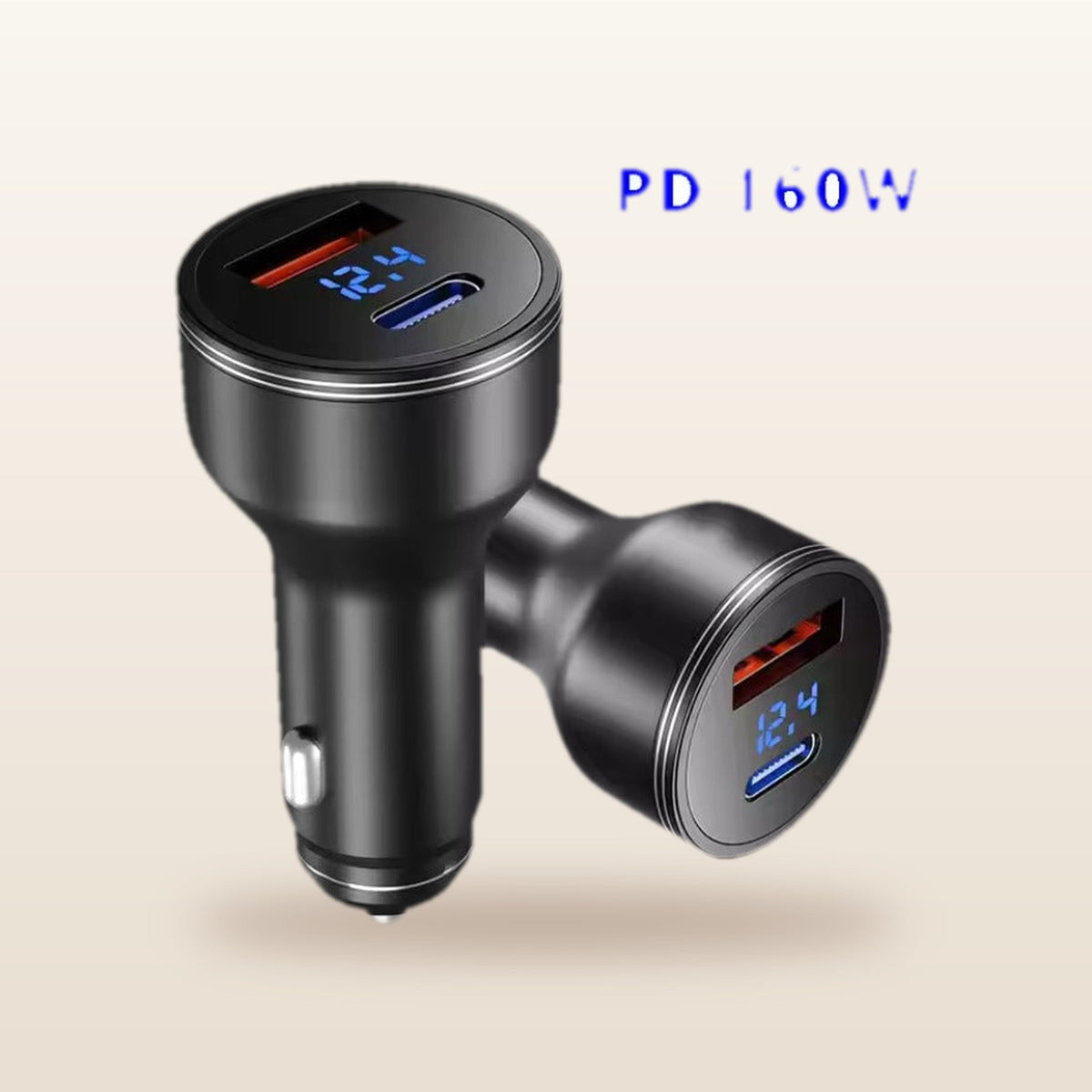 160W USB-C & USB Car Charger: car charger with its display lit