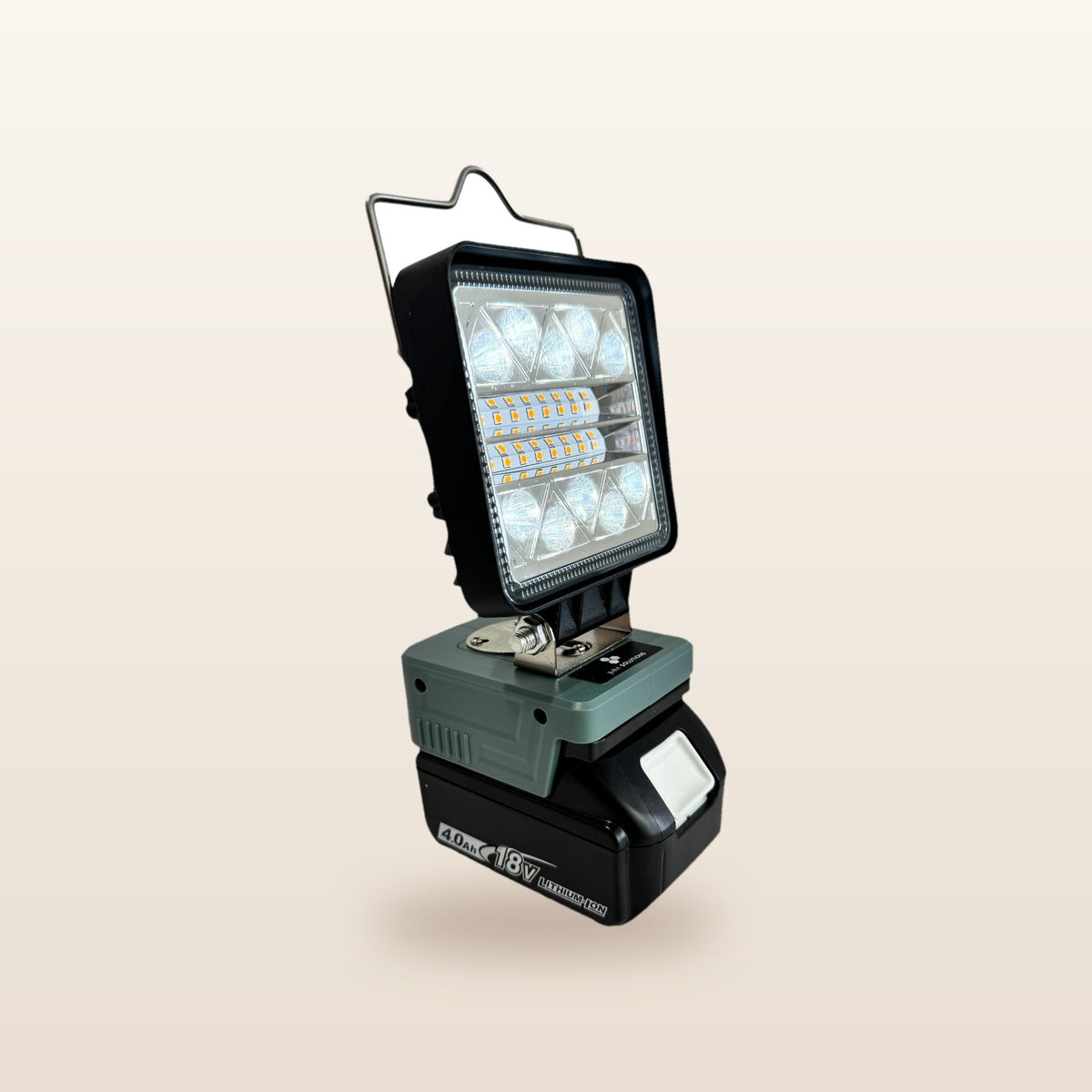Makita-compatible 18V LED Camp Light from Mr Swagman: on an 18V battery, white light on