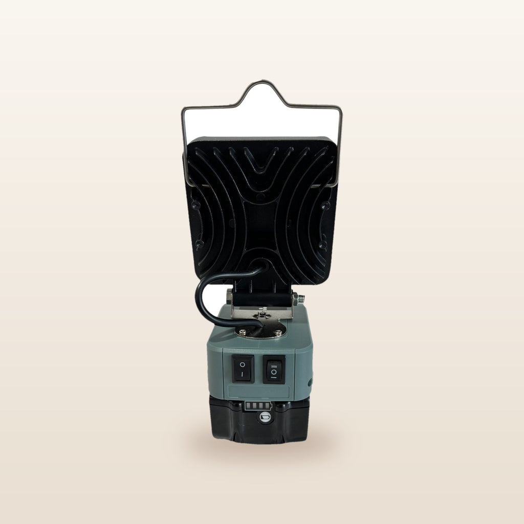 Makita-compatible 18V LED Camp Light: rear view showing the heat sink and wire handle