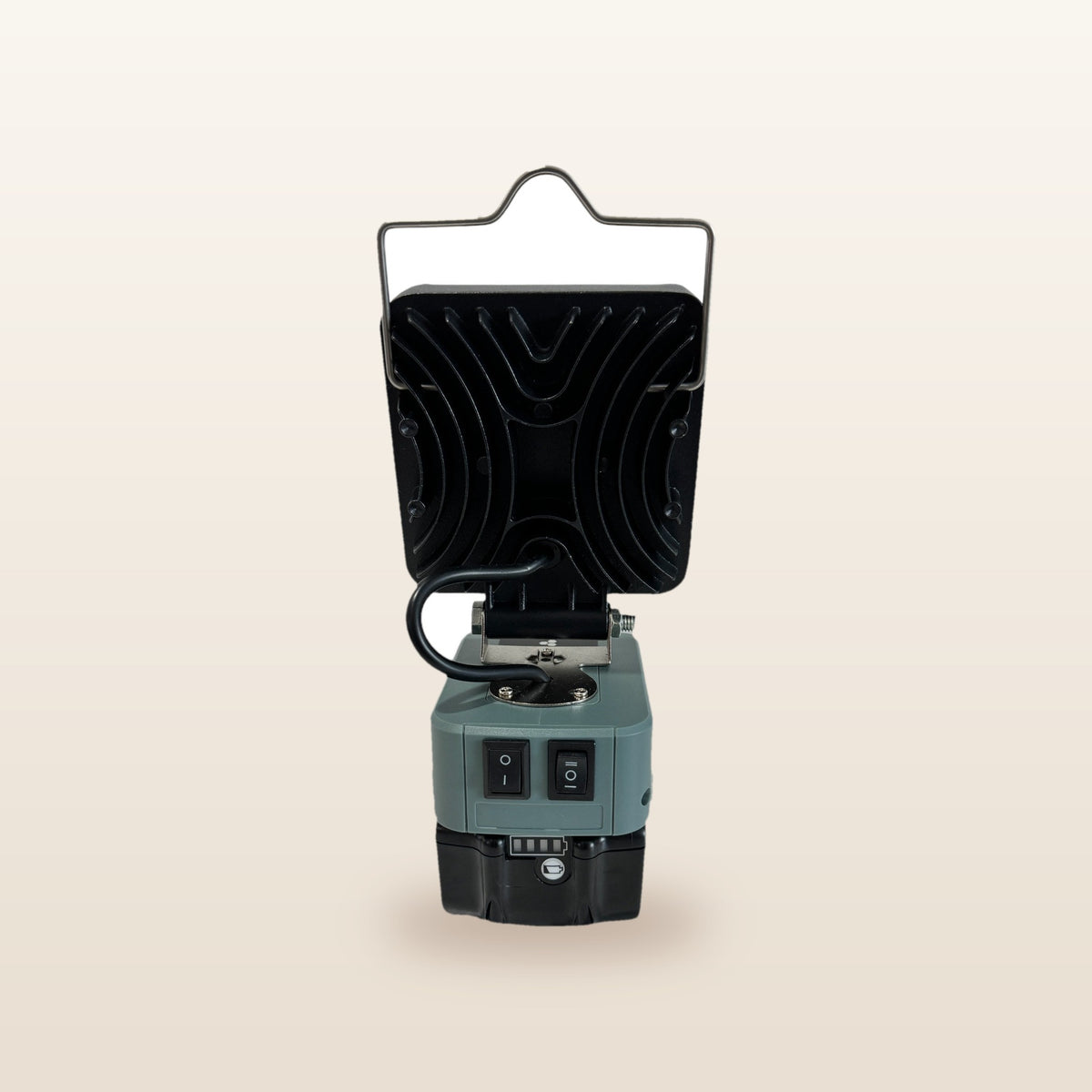 Makita-compatible 18V LED Camp Light: rear view showing the heat sink and wire handle