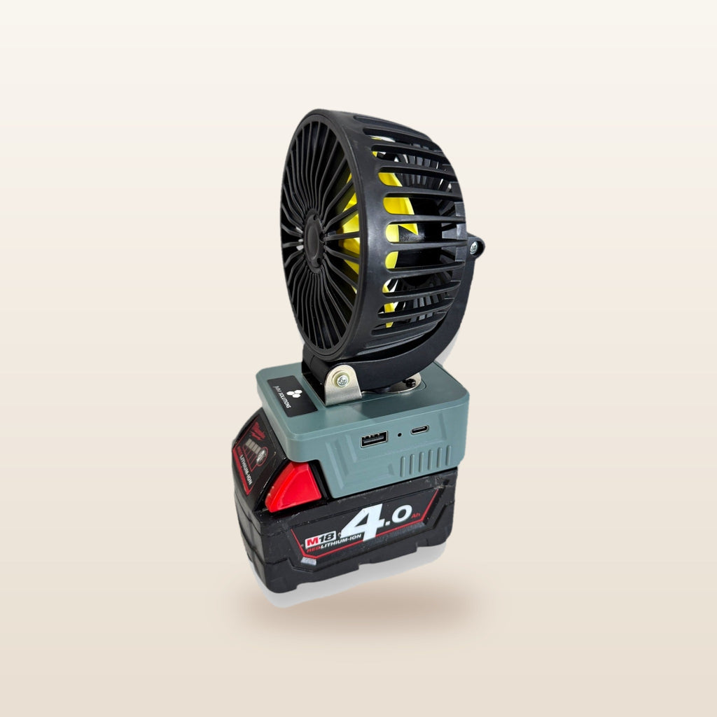 Milwaukee-compatible 18V 100mm Fan from Mr Swagman: on an 18V battery, angled view
