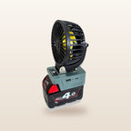 Milwaukee-compatible 18V 100mm Fan from Mr Swagman: on an 18V battery, angled view