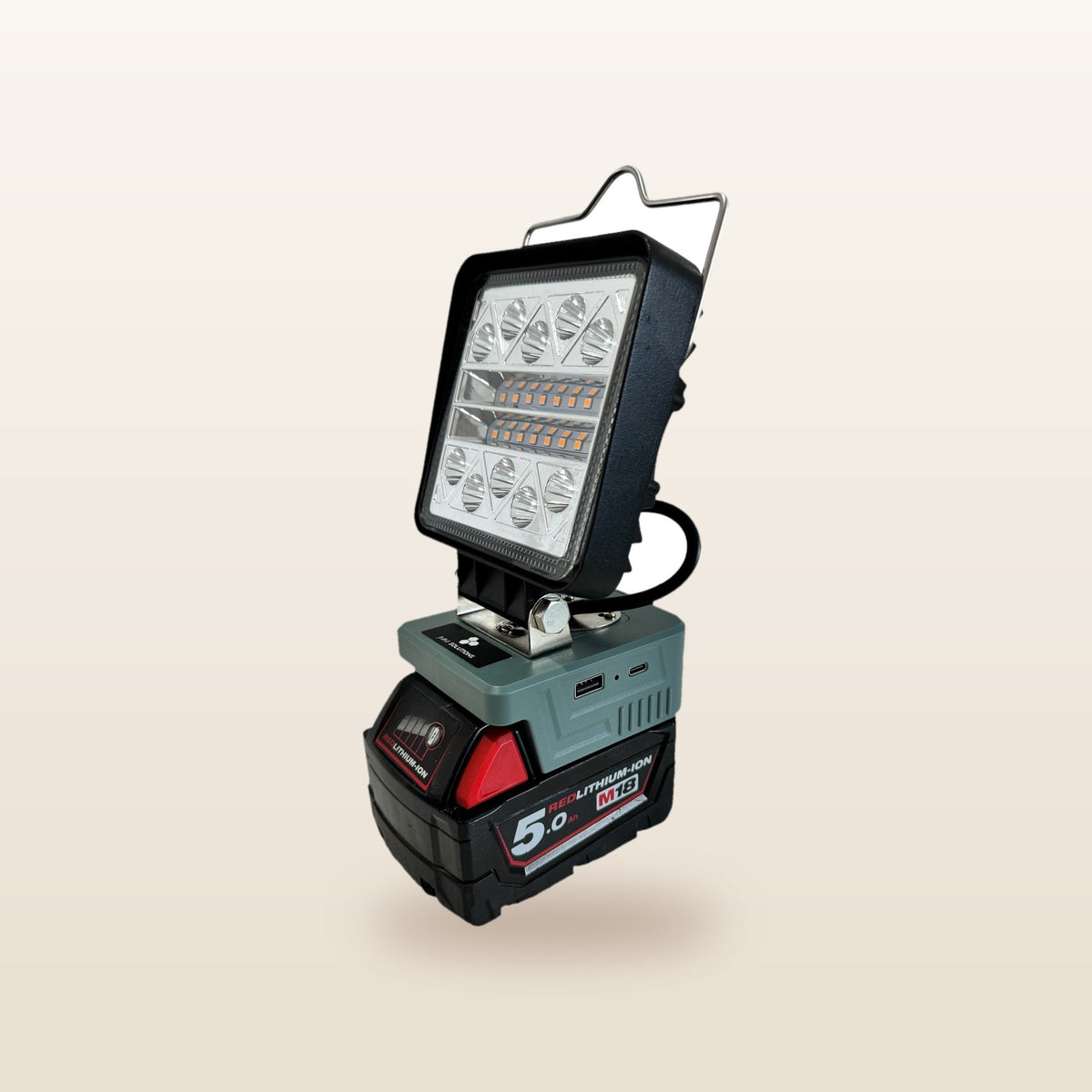 Milwaukee-compatible 18V LED Camp Light: side angle on an 18V battery