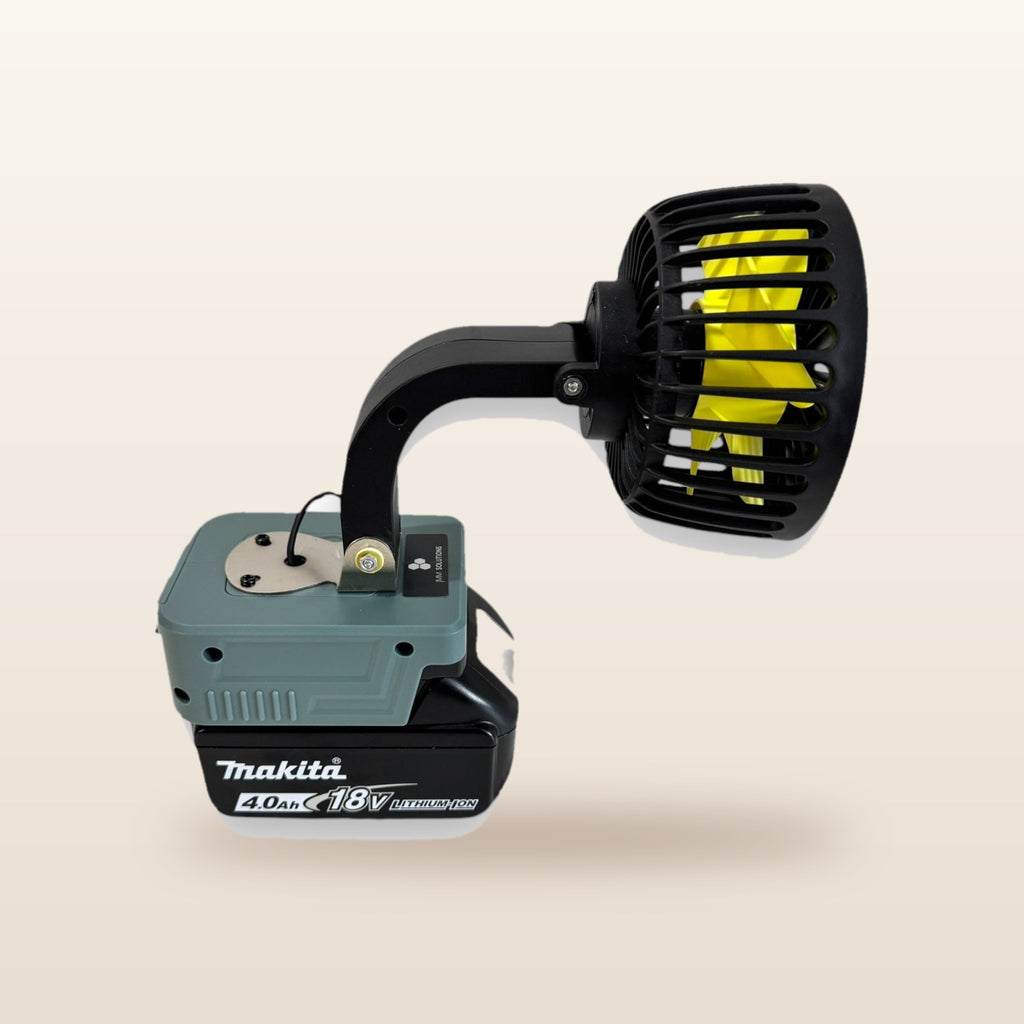 Makita-compatible 18V 100mm Fan: fan head tilted on its flexible neck