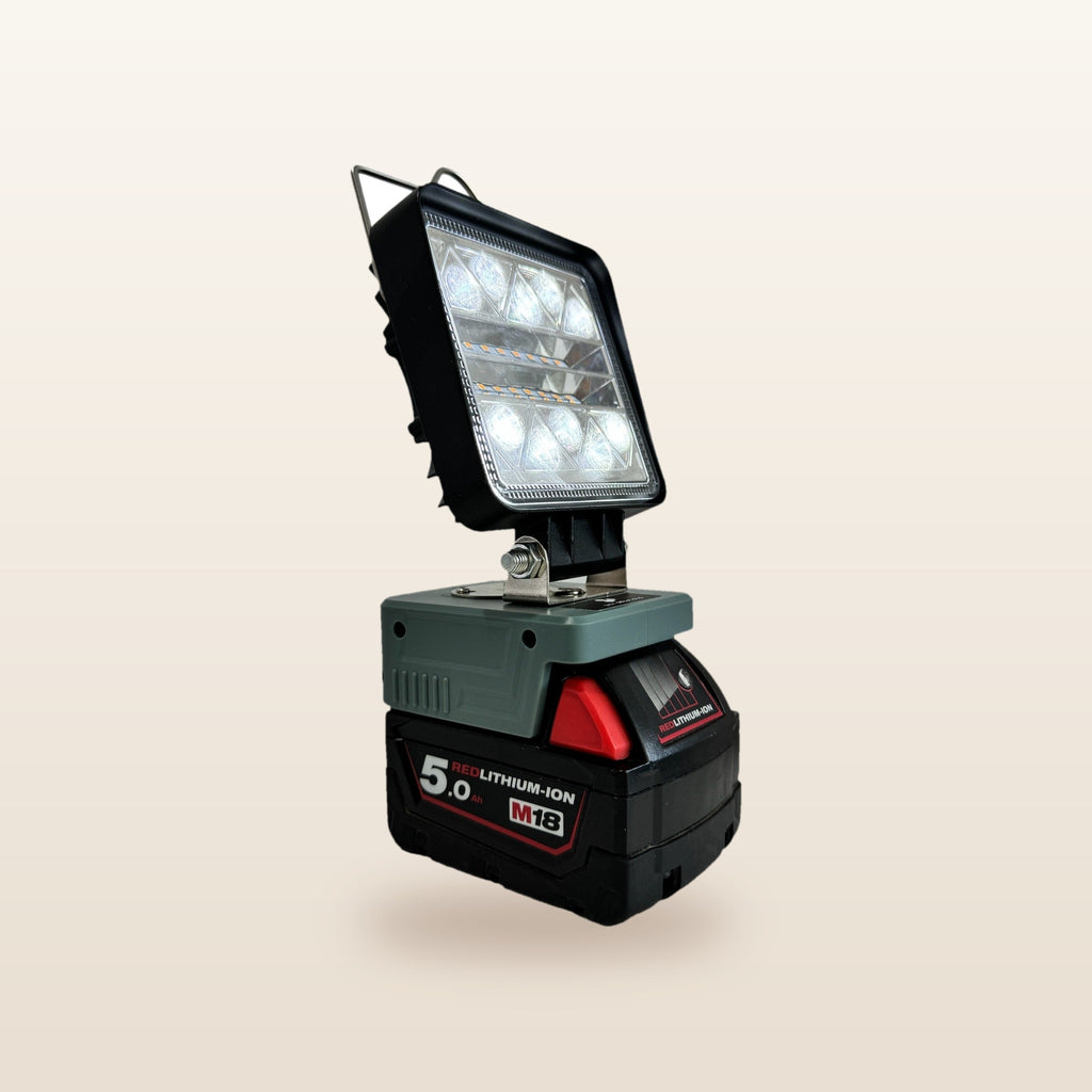 Milwaukee-compatible 18V LED Camp Light from Mr Swagman: on an 18V battery, white light on