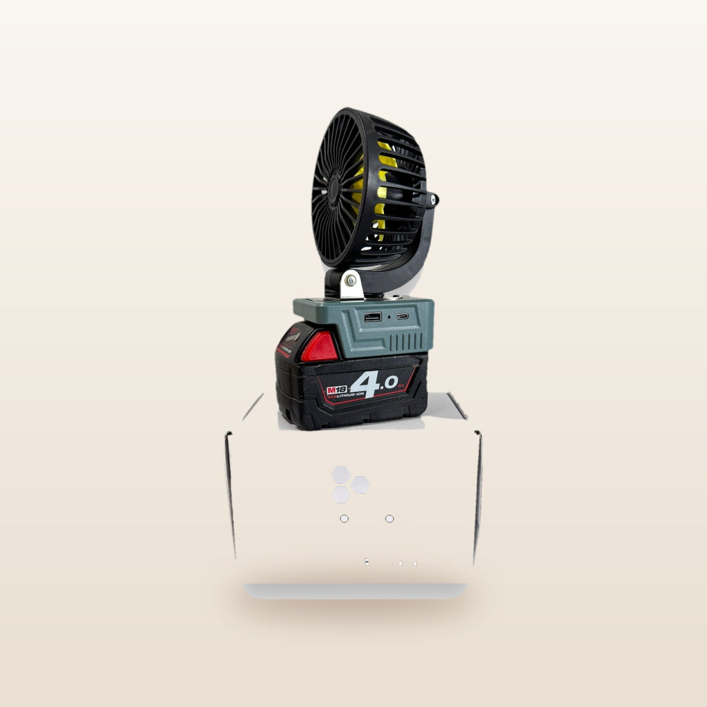 Milwaukee-compatible 18V 100mm Fan: on an 18V battery, standing on its box