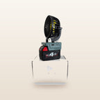 Milwaukee-compatible 18V 100mm Fan: on an 18V battery, standing on its box