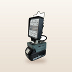 Makita-compatible 18V LED Camp Light: side angle on an 18V battery