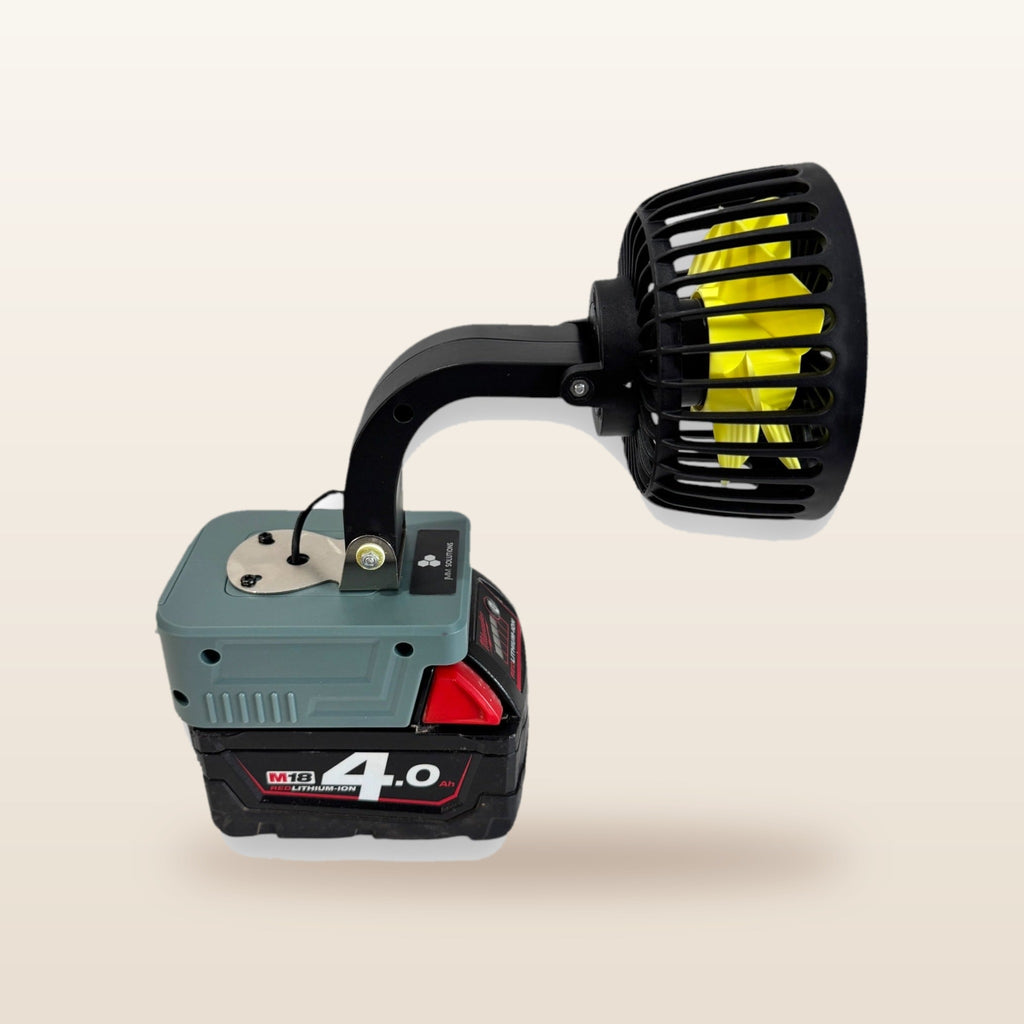 Milwaukee-compatible 18V 100mm Fan: fan head tilted on its flexible neck