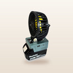 Makita-compatible 18V 100mm Fan from Mr Swagman: on an 18V battery, angled view