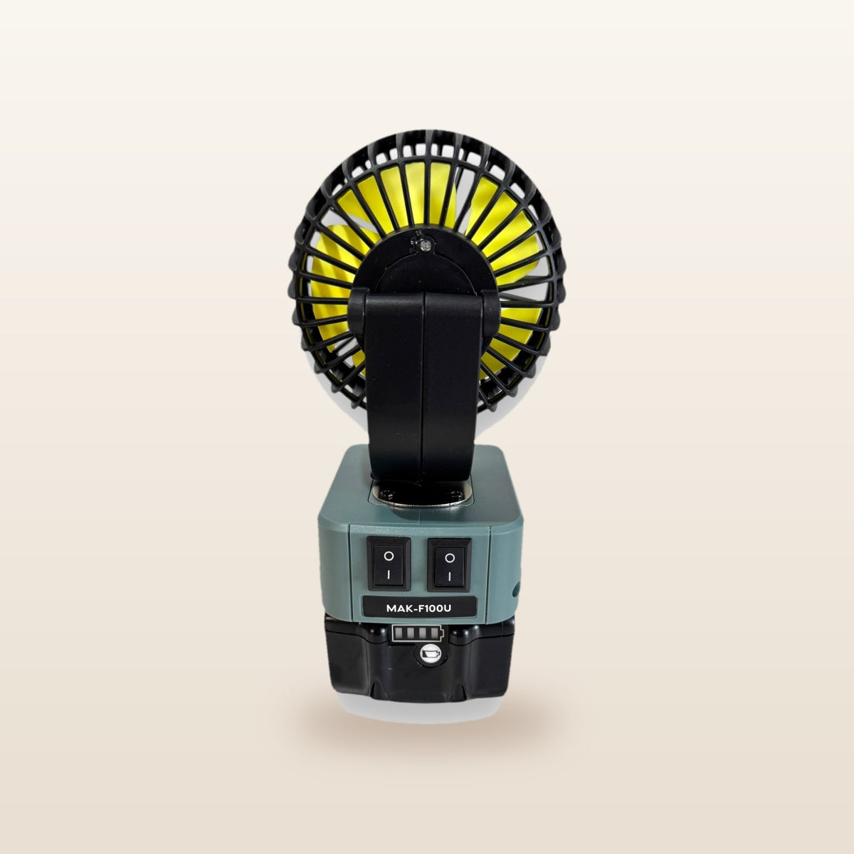 Makita-compatible 18V 100mm Fan: rear view showing the USB ports