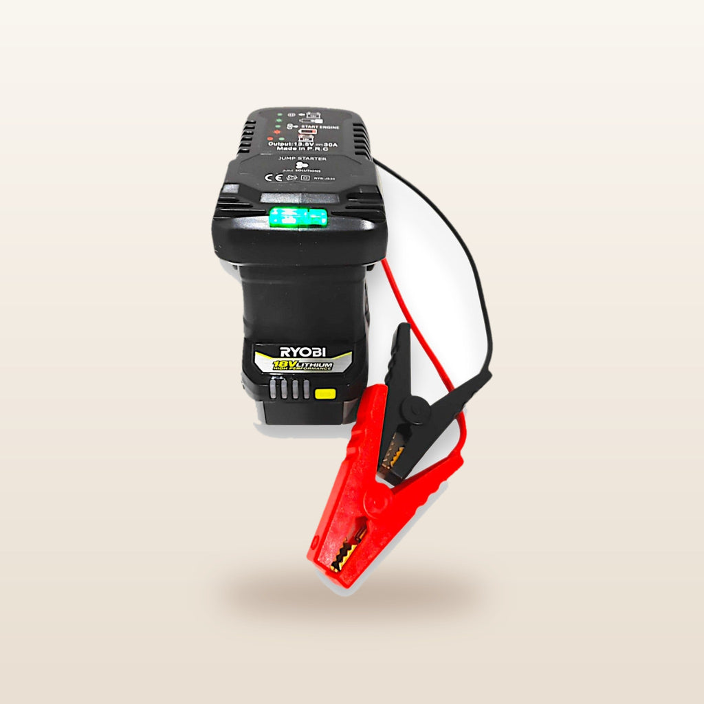 Ryobi ONE+ compatible 18V Jump Starter: front view on the battery with clamps