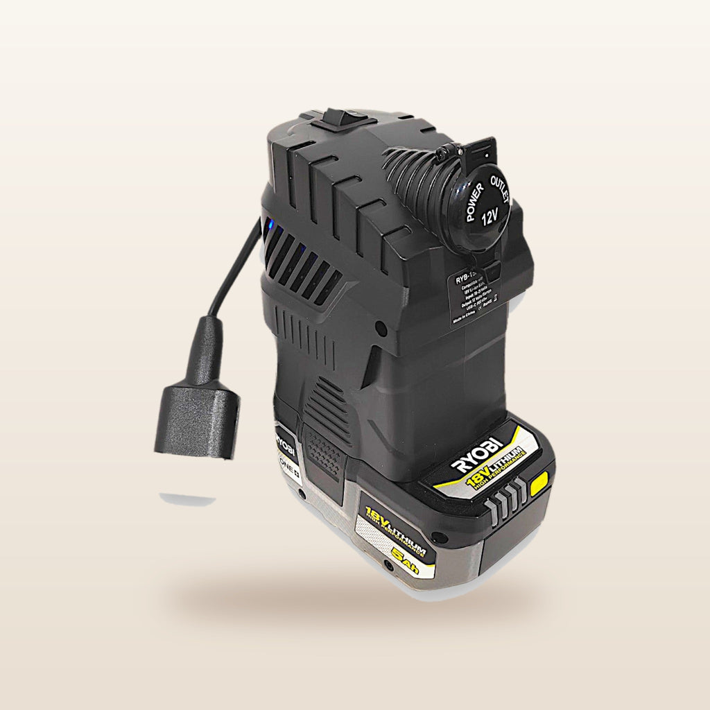 Ryobi ONE+ compatible Volt Step Down PRO + Auto Charger Bundle: fitted to an 18V tool battery, with Anderson plug lead
