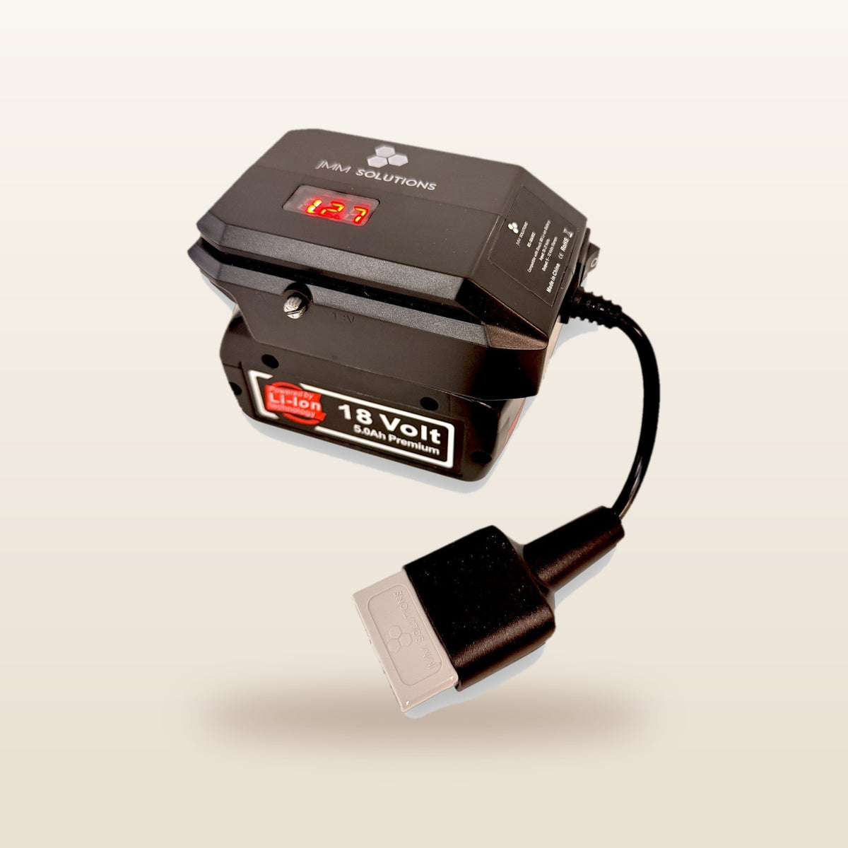Bosch-compatible 18V to 12V Power Supply + Auto Charger Bundle: on an 18V tool battery, with Anderson plug lead