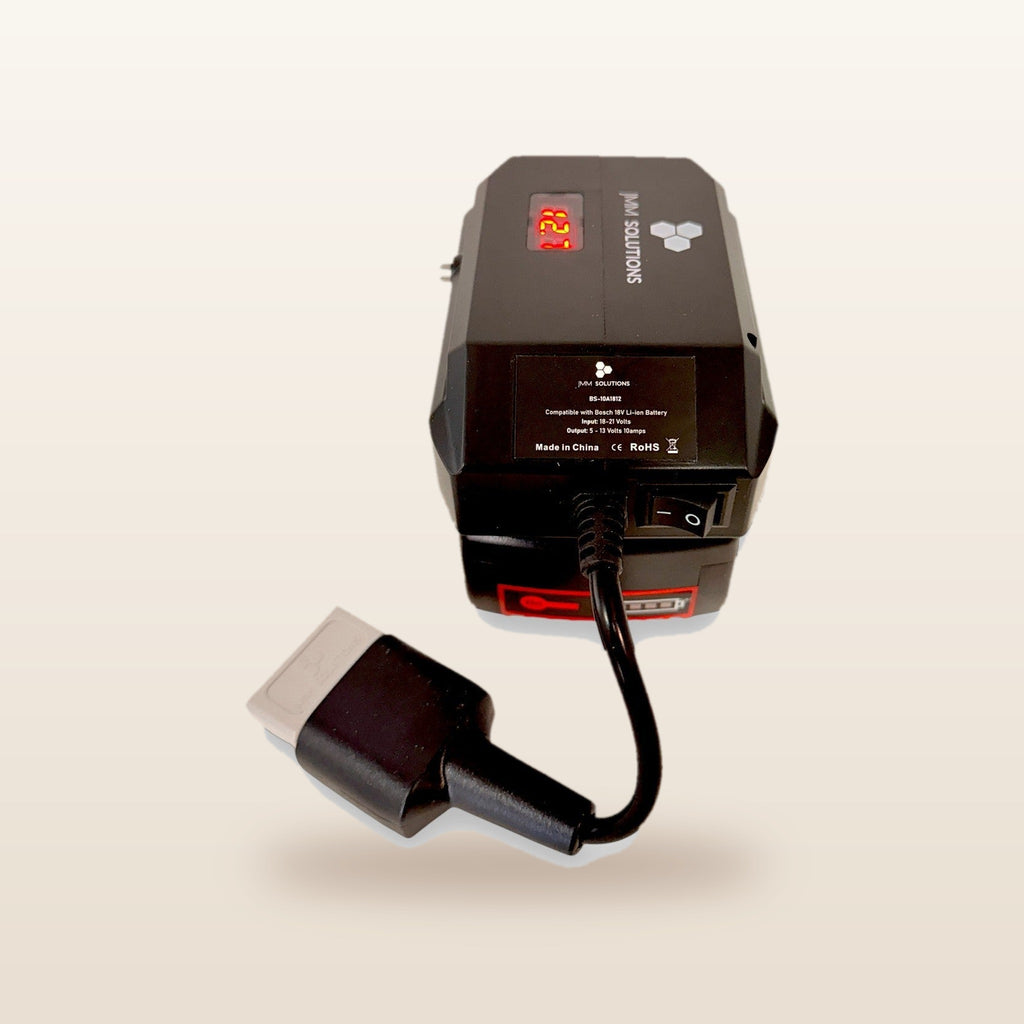 Bosch-compatible 18V to 12V Power Supply + Auto Charger Bundle: rear view showing the Anderson lead