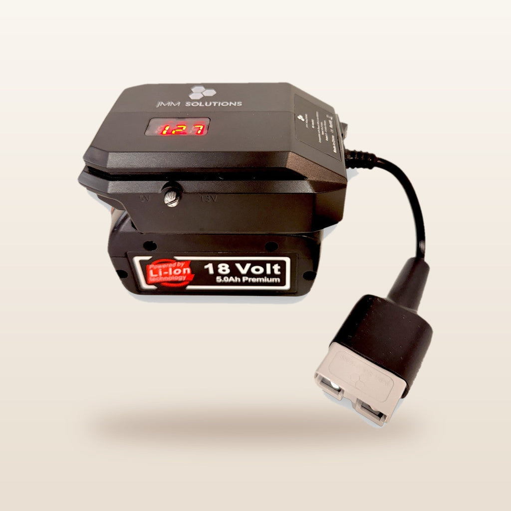 Bosch-compatible 18V to 12V Power Supply + Auto Charger Bundle: side view on the battery with Anderson lead