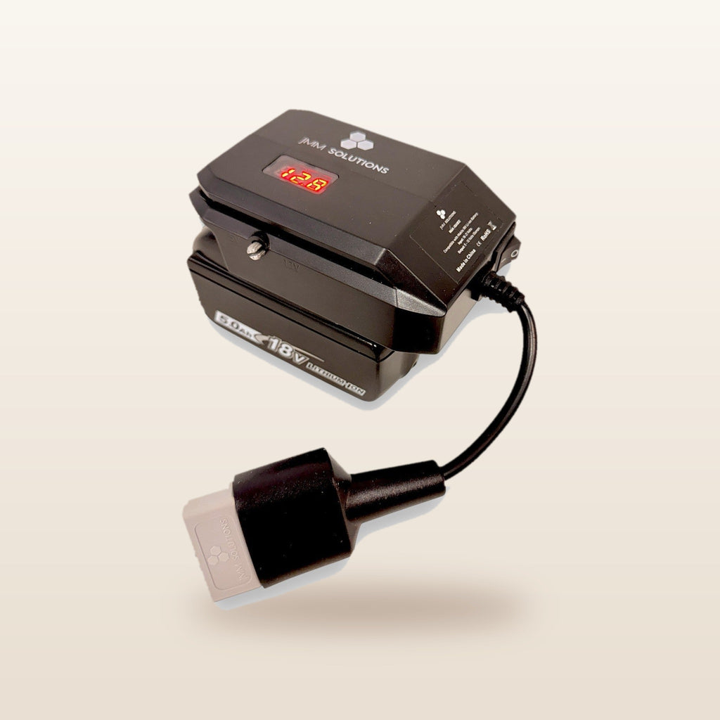 Makita-compatible 18V to 12V Power Supply + Auto Charger Bundle: on an 18V tool battery, with Anderson plug lead