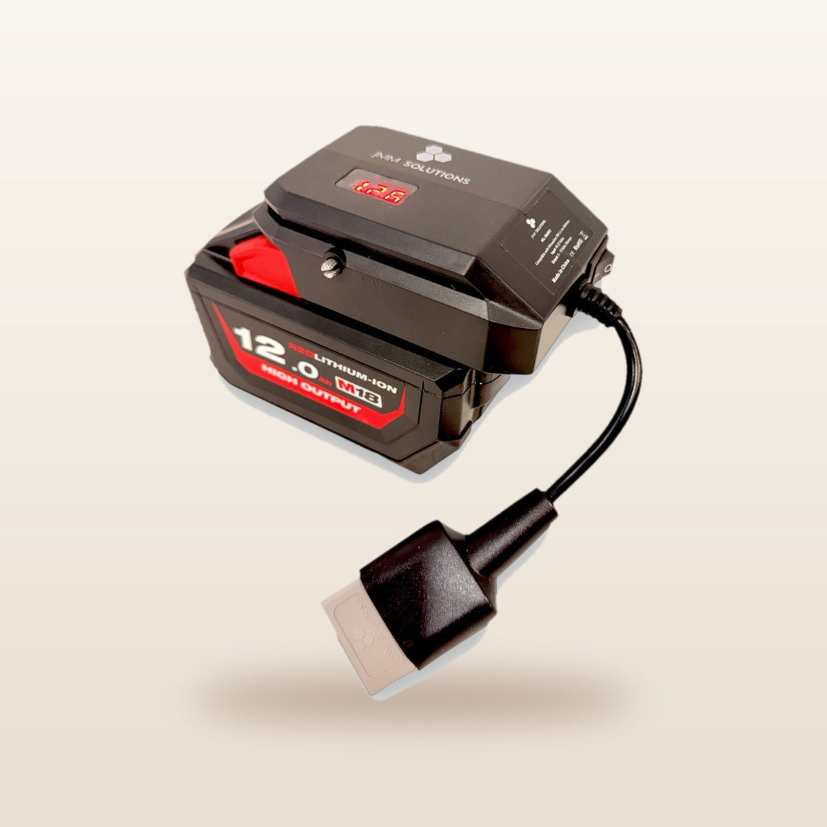 Milwaukee-compatible 18V to 12V Power Supply + Auto Charger Bundle: side view on the battery with Anderson lead