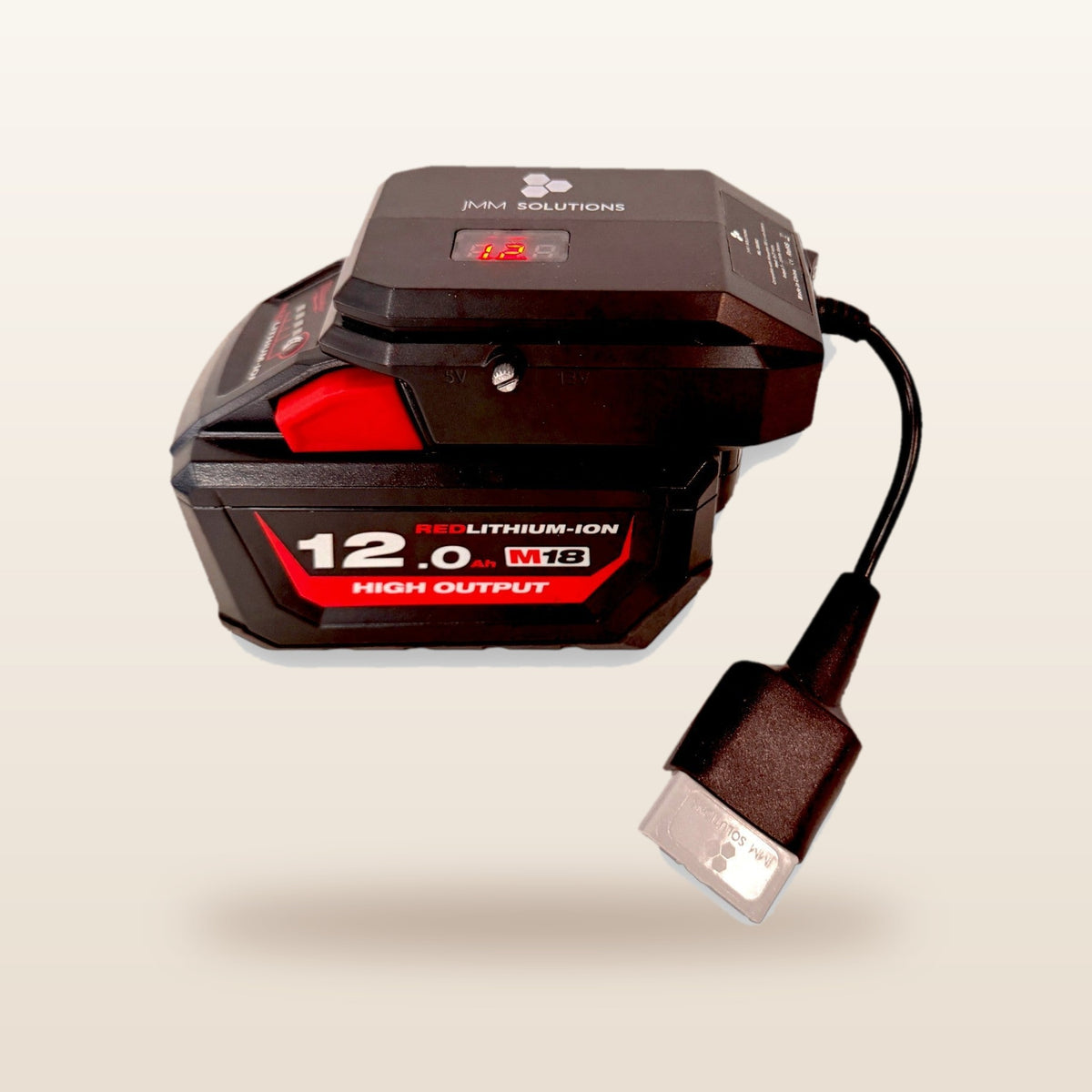 Milwaukee-compatible 18V to 12V Step Down Power Supply: side view on the battery with Anderson lead