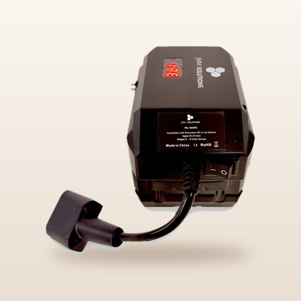 Milwaukee-compatible 18V to 12V Power Supply + Auto Charger Bundle: rear view showing the Anderson lead