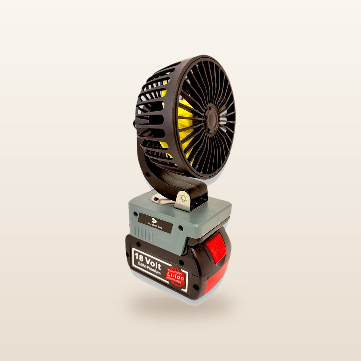 Bosch-compatible 18V LED Light & Fan Bundle: fan on an 18V battery, angled view