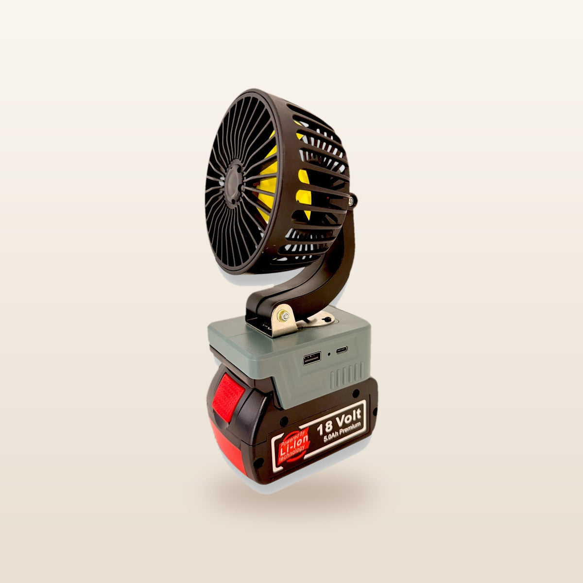 Bosch-compatible 18V LED Light & Fan Bundle: fan on an 18V battery, other side