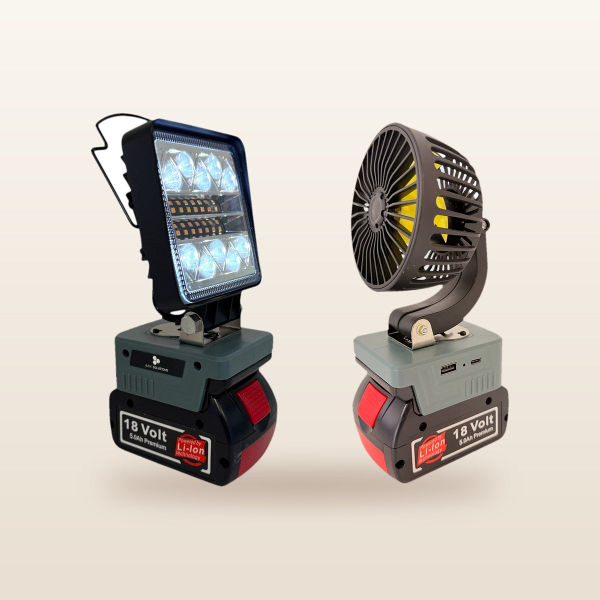 Bosch-compatible 18V LED Light & Fan Bundle: LED light and fan side by side