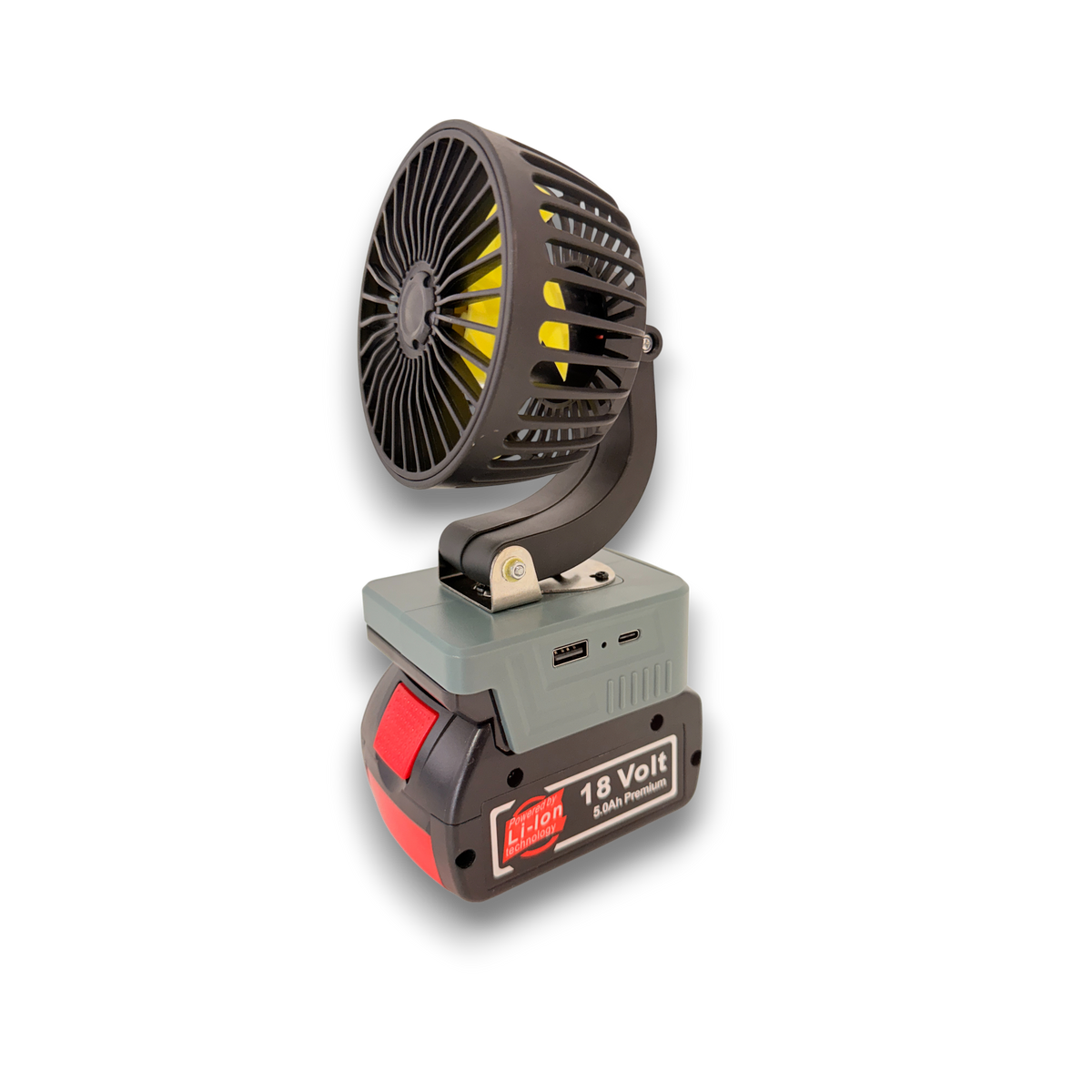 Bosch-compatible 18V 100mm Fan from Mr Swagman: on an 18V battery, angled view