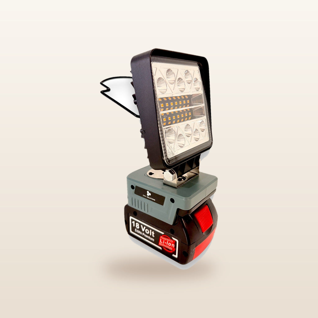 Bosch-compatible 18V LED Light & Fan Bundle: LED light, angled view on an 18V battery