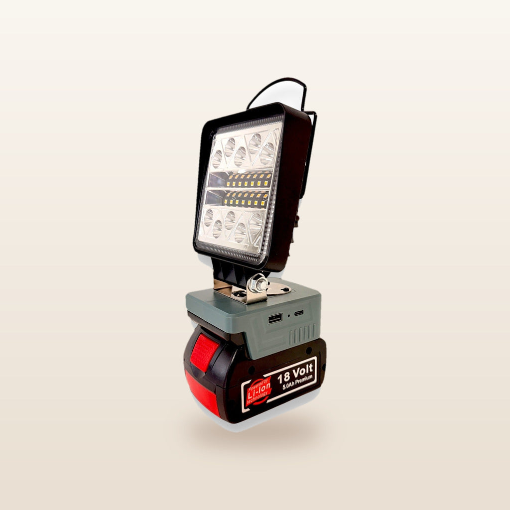Bosch-compatible 18V LED Light & Fan Bundle: LED light, side angle on an 18V battery