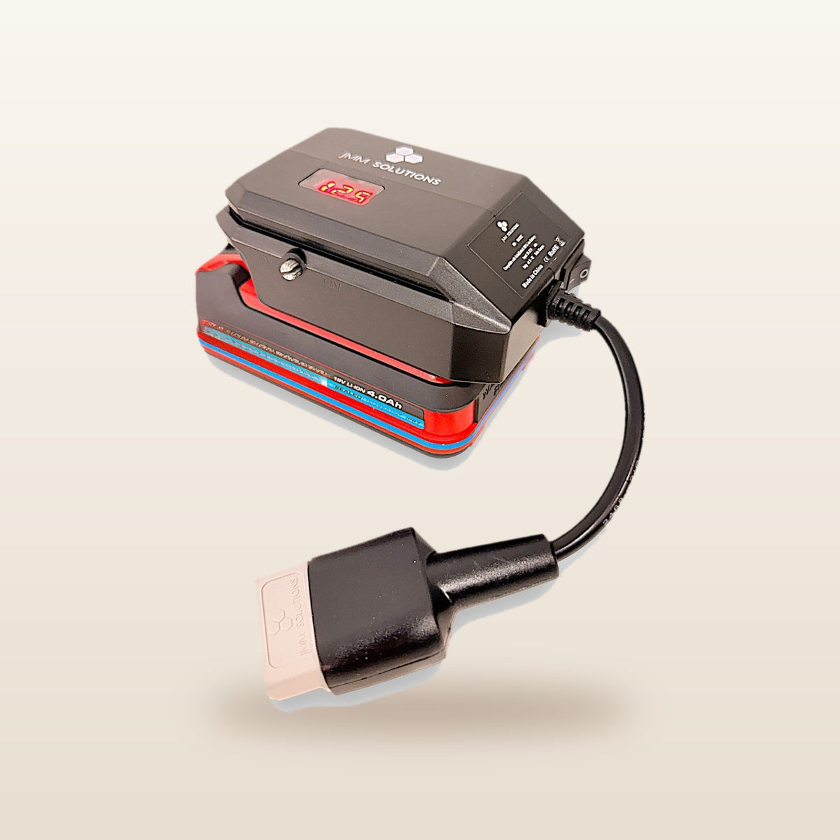Ozito/Einhell-compatible 18V to 12V Step Down Power Supply from Mr Swagman: on an 18V tool battery, with Anderson plug lead