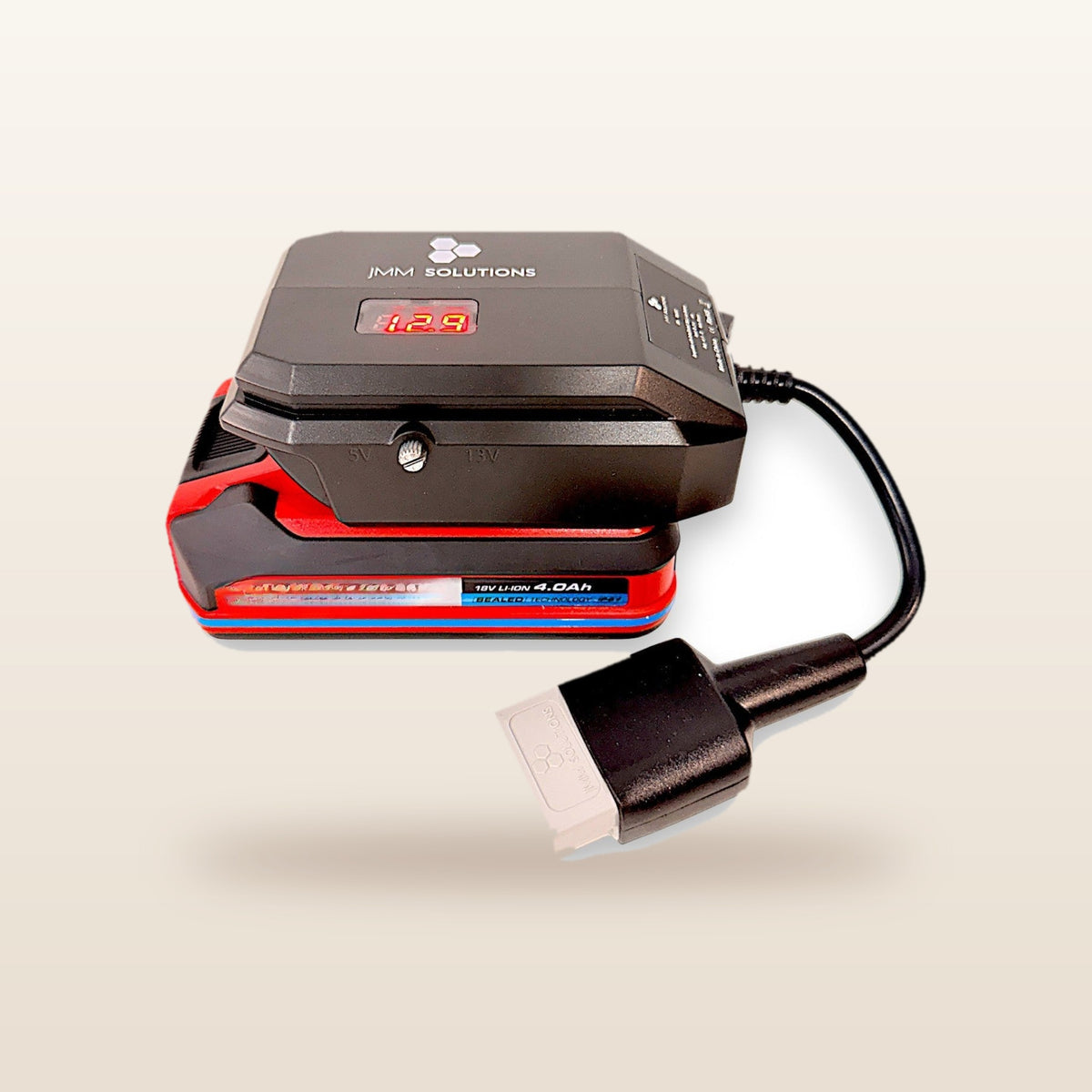 Ozito/Einhell-compatible 18V to 12V Power Supply + Auto Charger Bundle: side view on the battery with Anderson lead