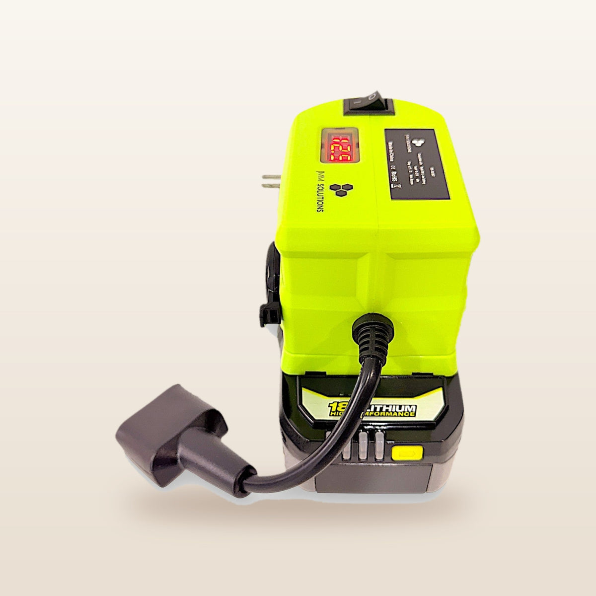 Ryobi ONE+ compatible 18V to 12V Power Supply + Auto Charger Bundle: side view on the battery with Anderson lead