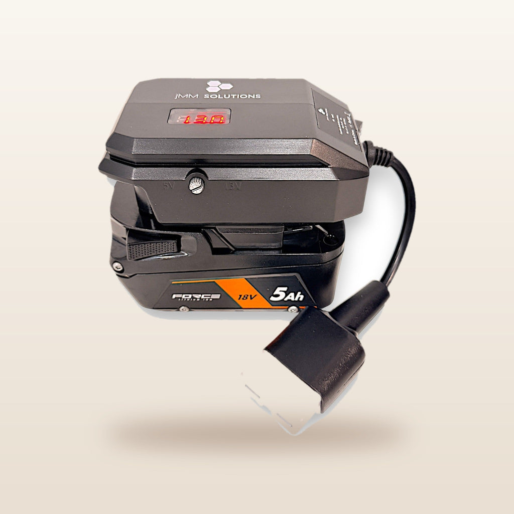 AEG-compatible 18V to 12V Power Supply + Auto Charger Bundle: on an 18V tool battery, with Anderson plug lead