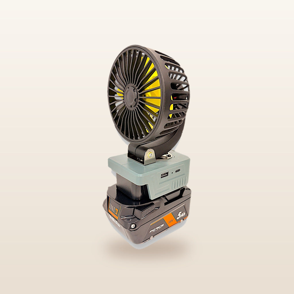 AEG-compatible 18V LED Light & Fan Bundle: fan on an 18V battery, angled view