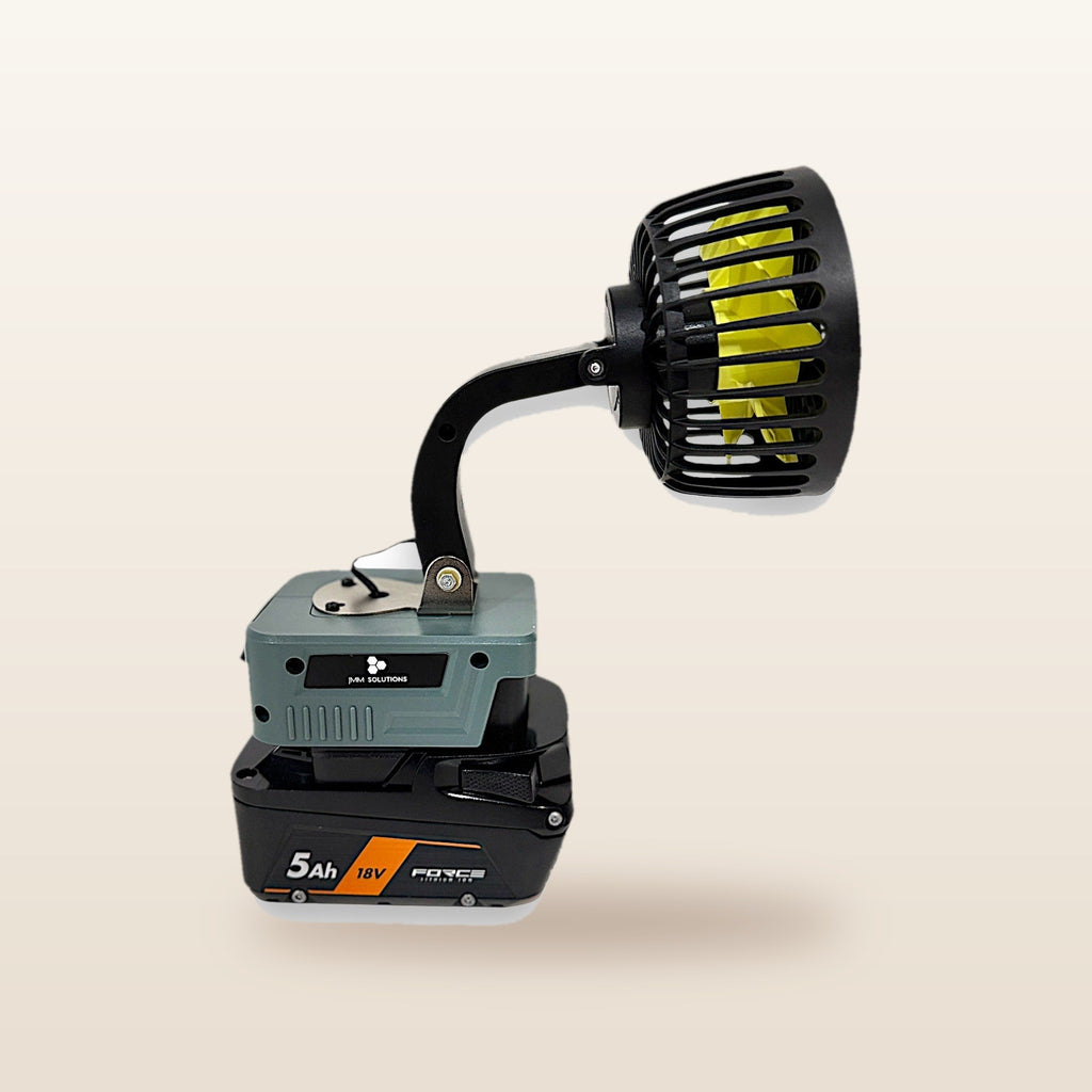 AEG-compatible 18V LED Light & Fan Bundle: fan head tilted on its flexible neck