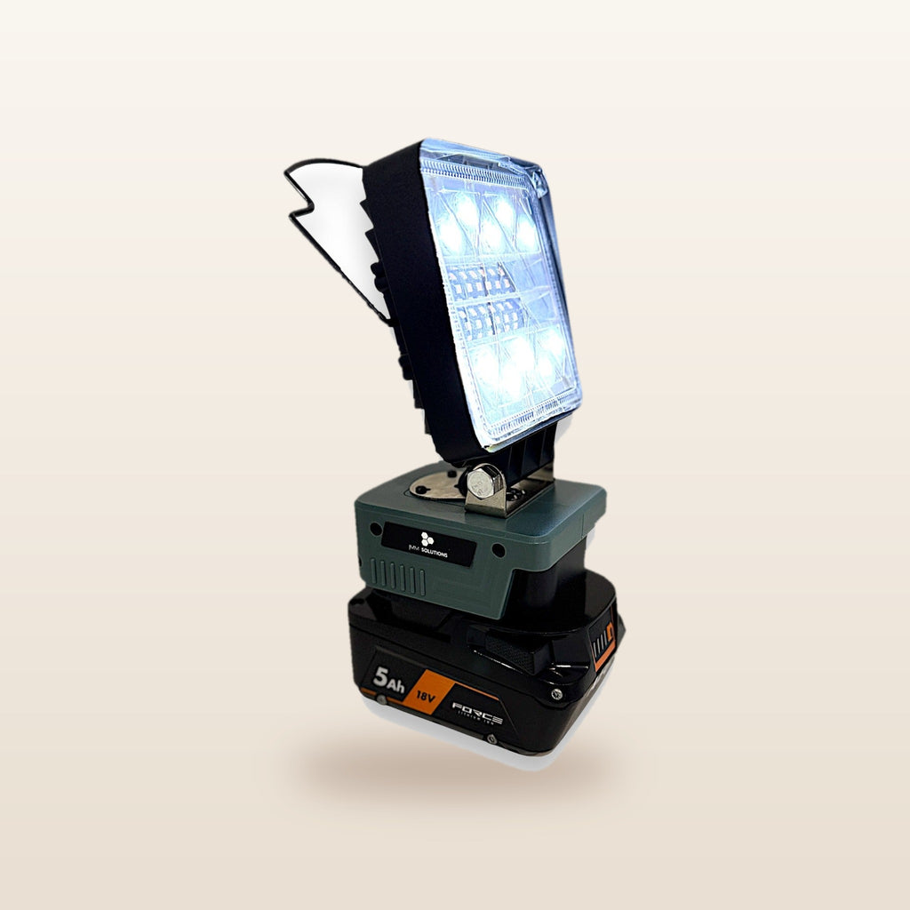 AEG-compatible 18V LED Light & Fan Bundle: LED light, side angle on an 18V battery