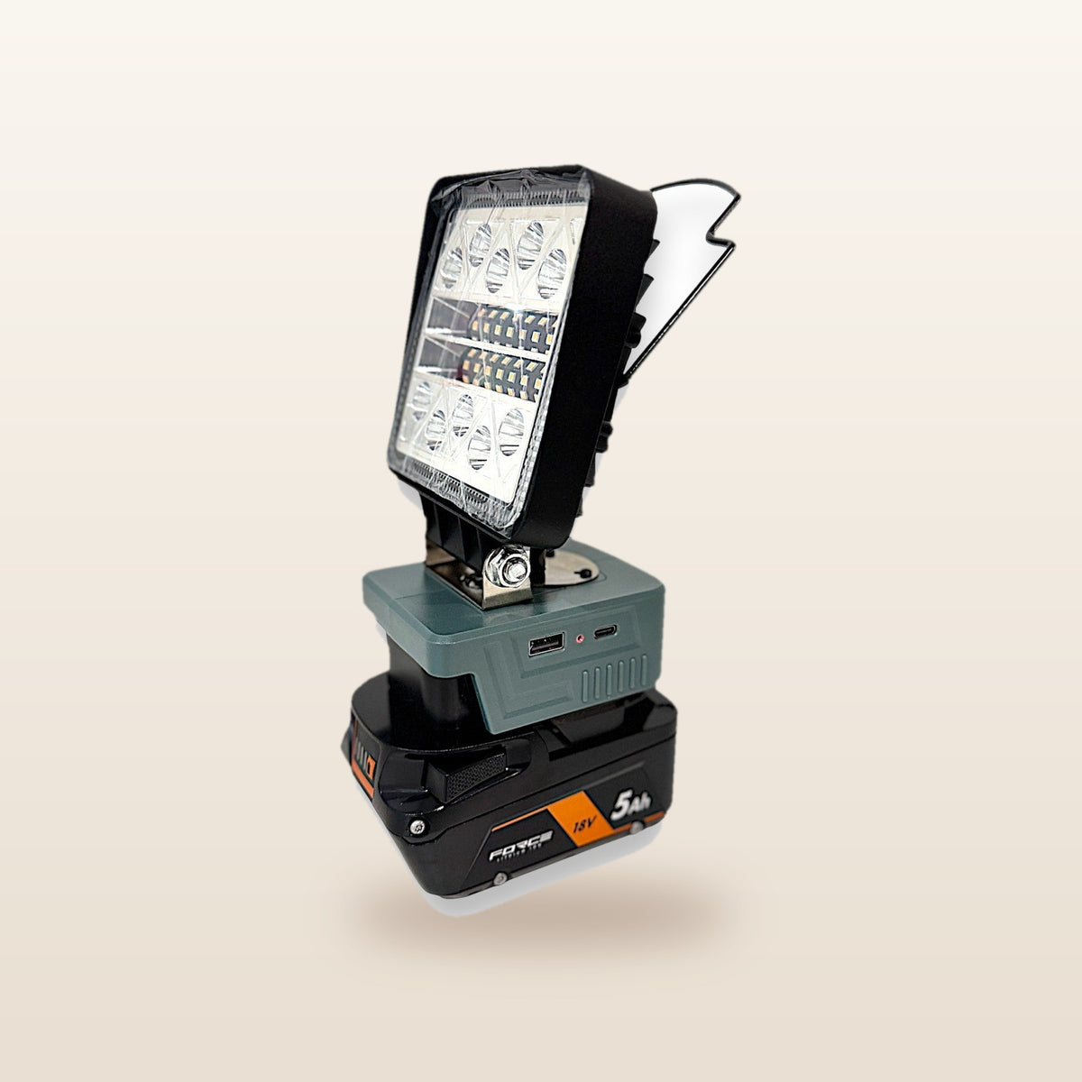 AEG-compatible 18V LED Camp Light: side angle on an 18V battery