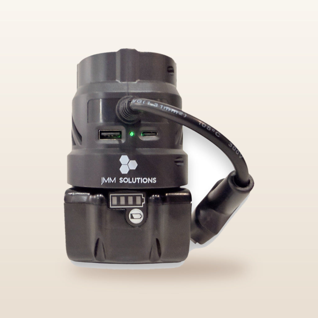 Makita-compatible Volt Step Down PRO + Auto Charger Bundle: side view with USB ports and Anderson lead