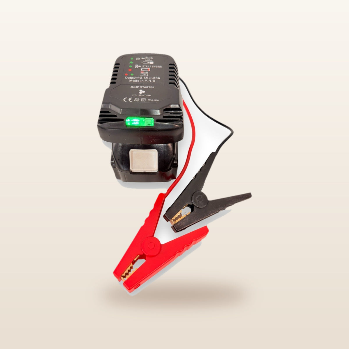 Makita-compatible 18V Jump Starter: front view on the battery with clamps
