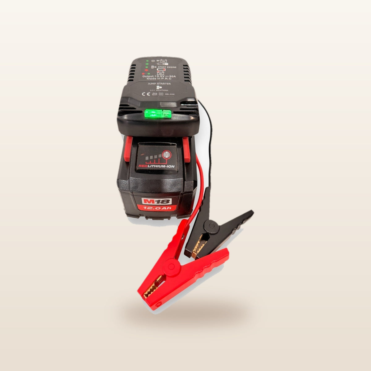 Milwaukee-compatible 18V Jump Starter: front view on the battery with clamps