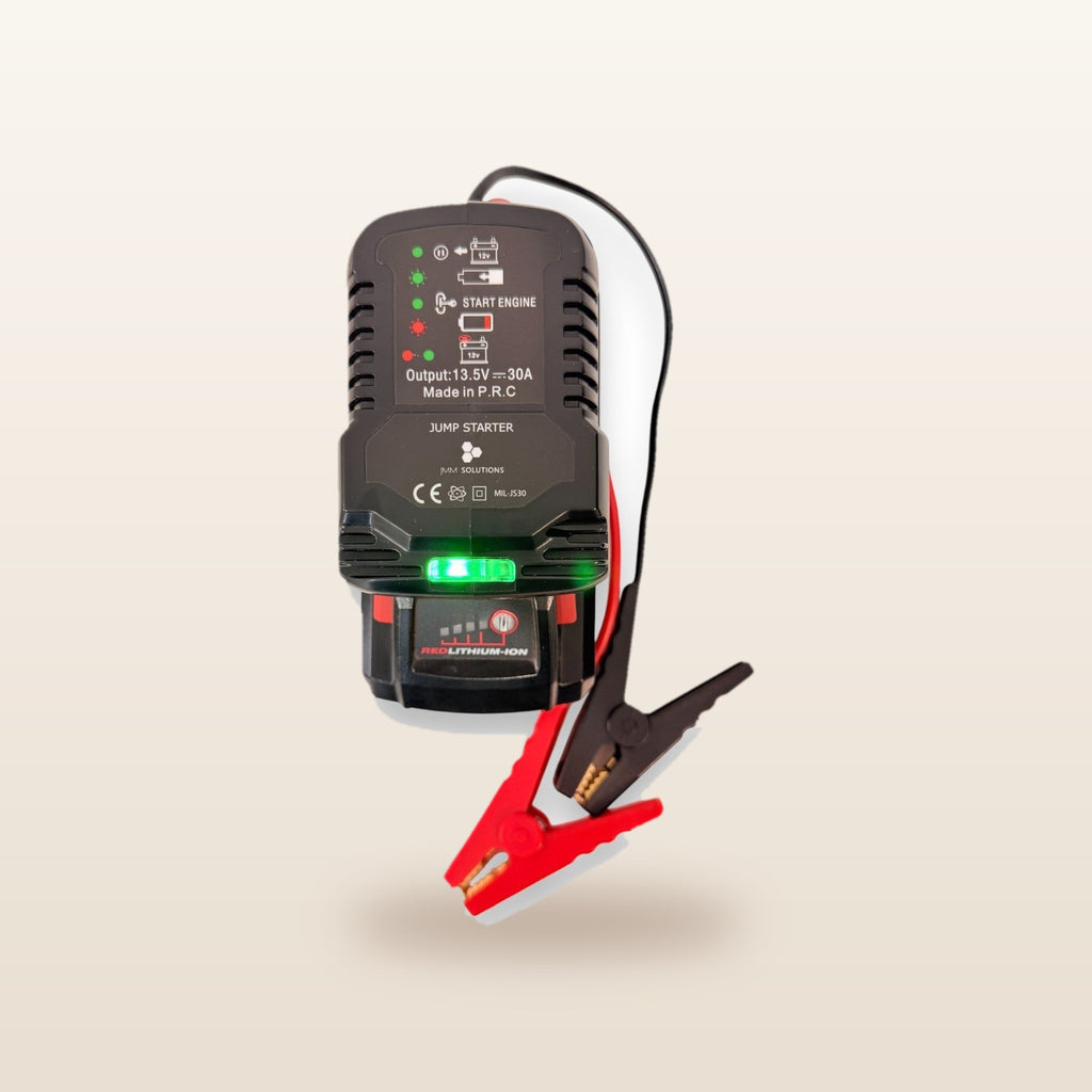 Milwaukee-compatible 18V Jump Starter: front view showing the status lights and clamps