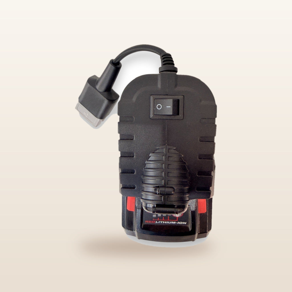 Milwaukee-compatible Volt Step Down PRO + Auto Charger Bundle: rear view showing the on/off switch