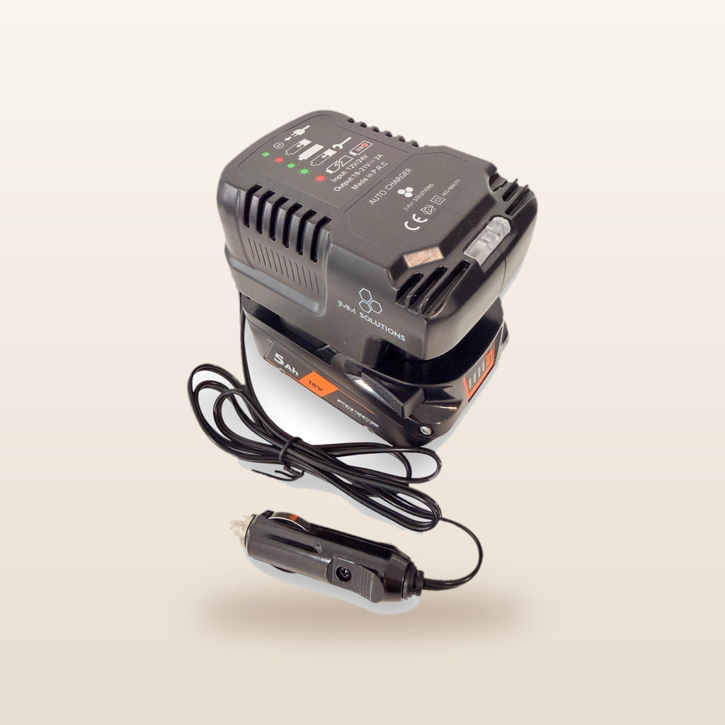 AEG-compatible 18V to 12V Power Supply + Auto Charger Bundle: angled view of the charger with battery and 12V lead