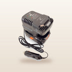 AEG-compatible 18V to 12V Power Supply + Auto Charger Bundle: angled view of the charger with battery and 12V lead