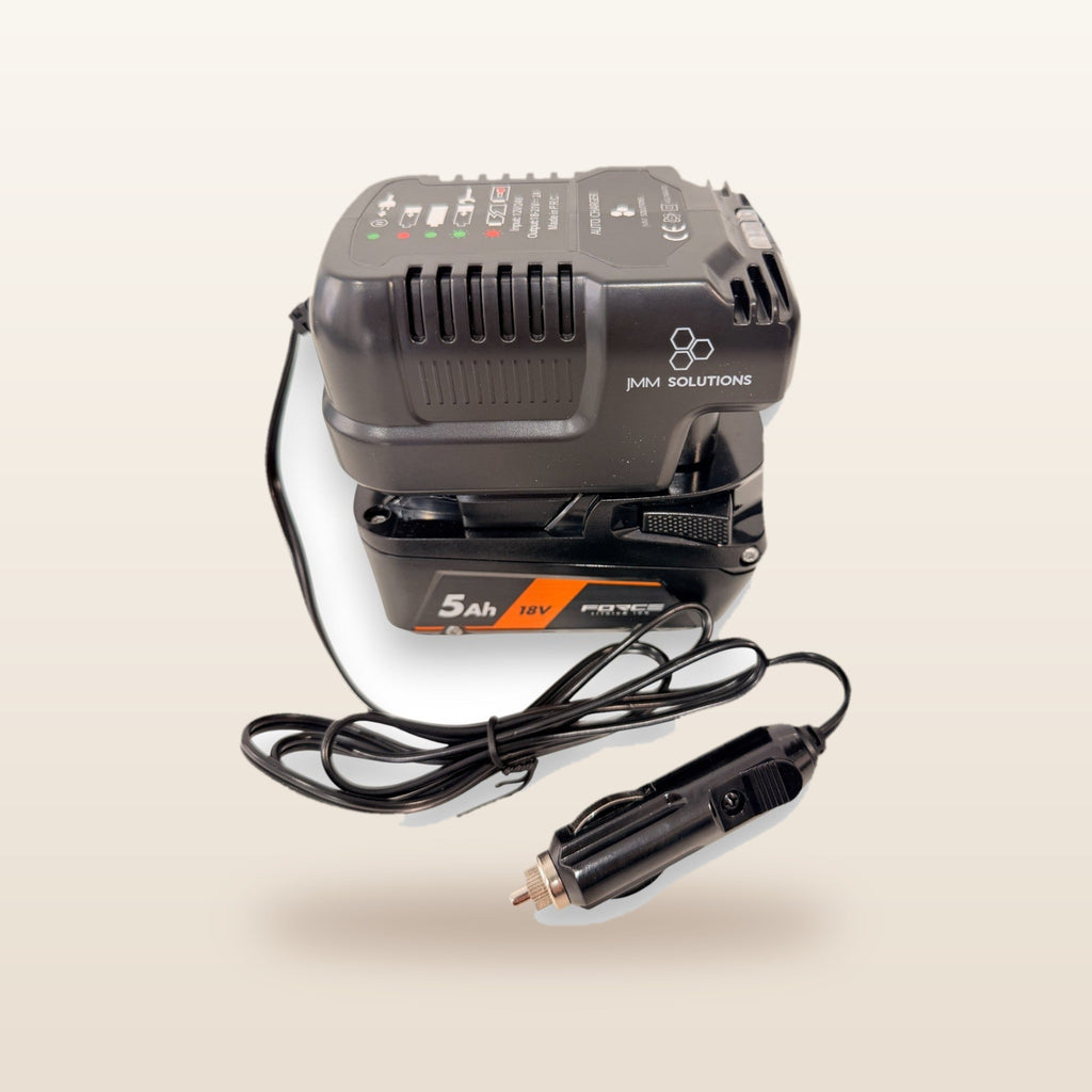 AEG-compatible Volt Step Down PRO + Auto Charger Bundle: angled view of the charger with battery and 12V lead