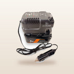 AEG-compatible Volt Step Down PRO + Auto Charger Bundle: angled view of the charger with battery and 12V lead