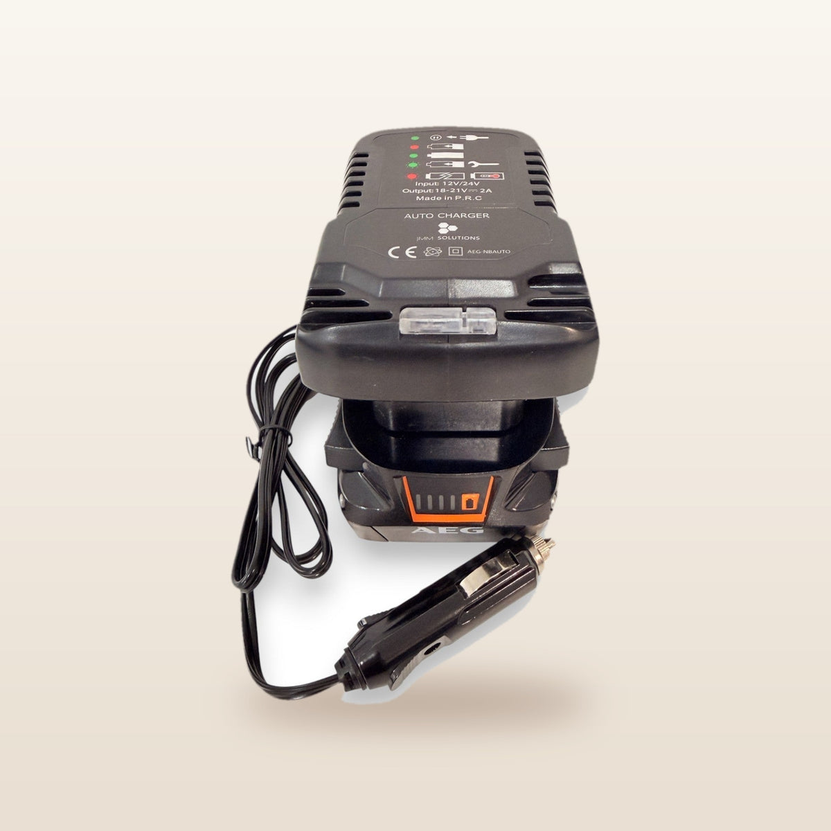 AEG-compatible Volt Step Down PRO + Auto Charger Bundle: front view with battery fitted and 12V plug lead