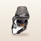 AEG-compatible Auto Charger: front view with battery fitted and 12V plug lead