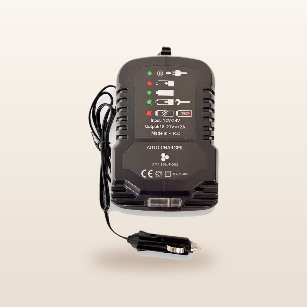 AEG-compatible 18V to 12V Power Supply + Auto Charger Bundle: charger on its own, front view with status lights